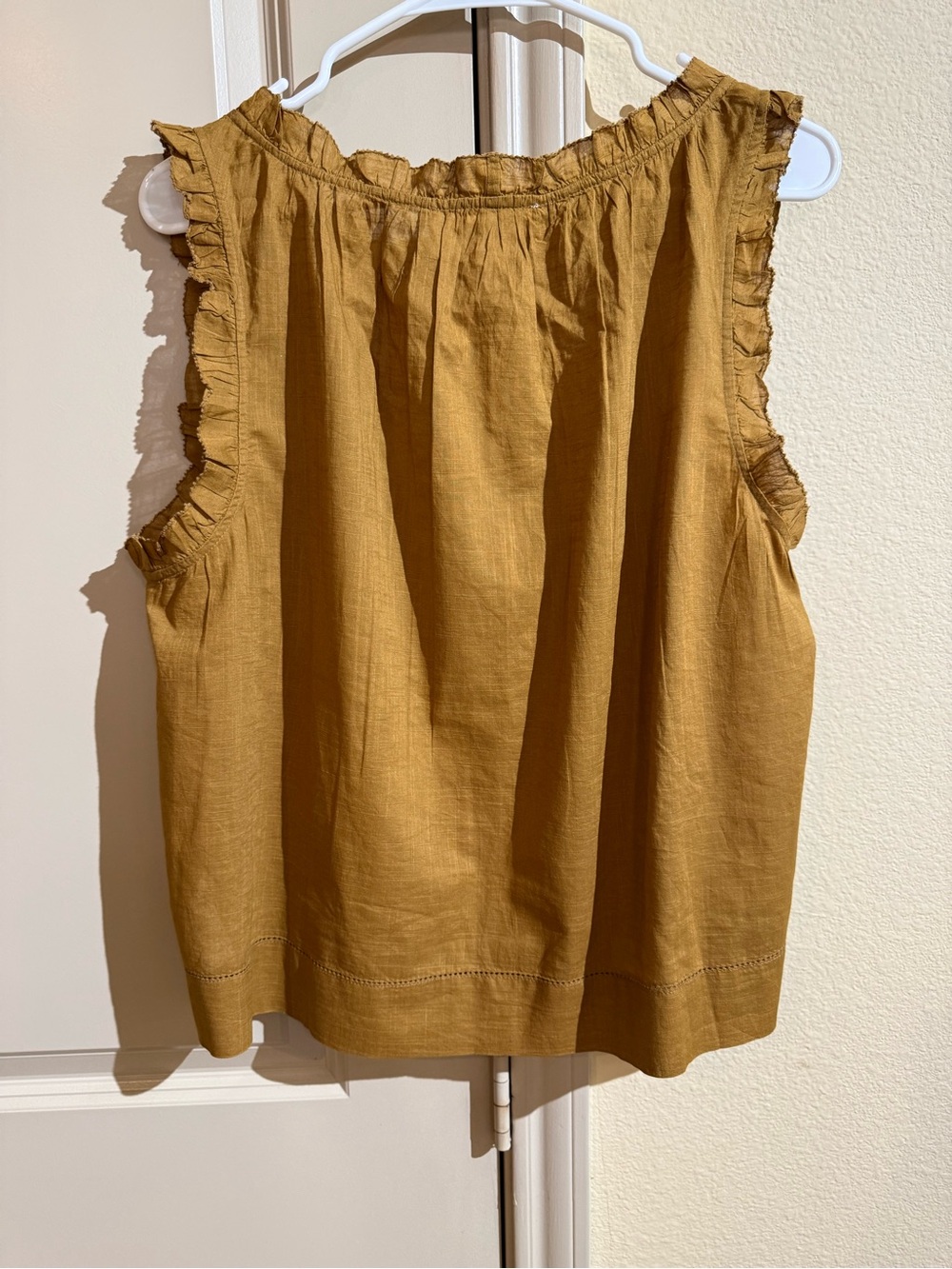 THE GREAT. Sleeveless Button-Front Ruffle Trim Top, Tank Top - Warm Caramel - Picture 8 of 12